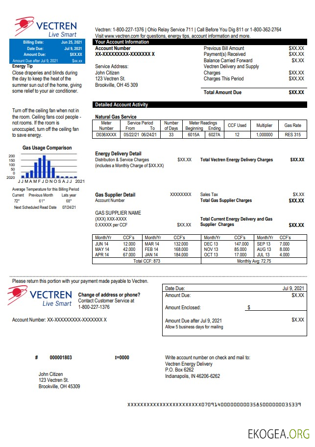 USA Ohio Vectren Energy utility bill template in Word and PDF format